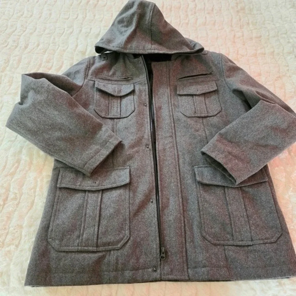 Structure Mens Wool Blend Hooded‎ Field Jacket Charcoal Grey Quilted Lining L